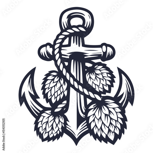 Nautical anchor wrapped with hop cones and leaves, bold black outline, symmetrical layout, combining brewing elements with maritime symbols in monochrome vector style for label or emblem use