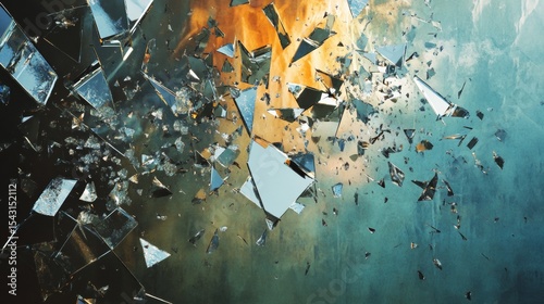 Dynamic explosion of broken glass shards with orange flame in the background.