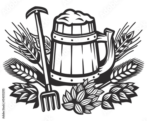 Monochrome illustration showcasing a frothy wooden beer mug surrounded by hops, wheat stalks, and a pitchfork, creating a vintage emblem ideal for brewery branding