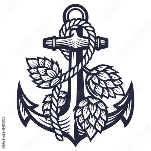Nautical anchor wrapped with hop cones and leaves, bold black outline, symmetrical layout, combining brewing elements with maritime symbols in monochrome vector style for label or emblem use