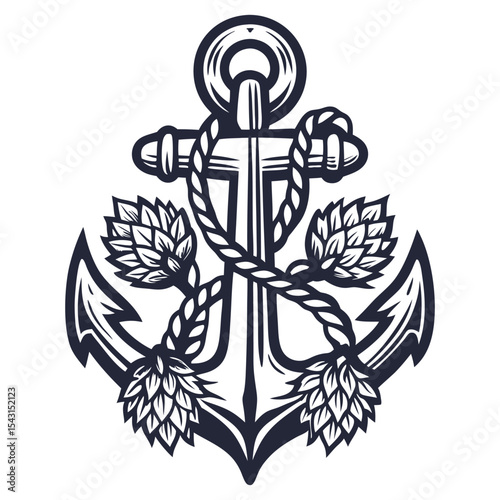 Nautical anchor wrapped with hop cones and leaves, bold black outline, symmetrical layout, combining brewing elements with maritime symbols in monochrome vector style for label or emblem use