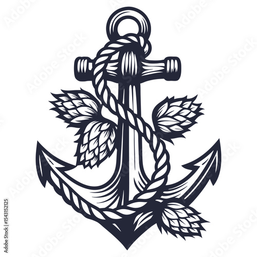 Nautical anchor wrapped with hop cones and leaves, bold black outline, symmetrical layout, combining brewing elements with maritime symbols in monochrome vector style for label or emblem use