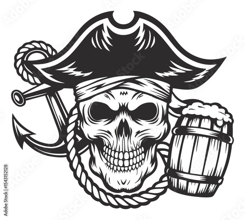 Monochrome design featuring a menacing pirate skull wearing a tricorn hat, adorned with crossed bones and a bomb, while enjoying a frothy beer, set against a backdrop of anchors and nautical rope