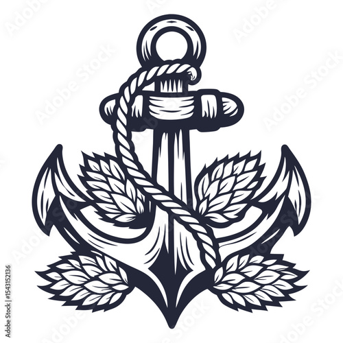 Nautical anchor wrapped with hop cones and leaves, bold black outline, symmetrical layout, combining brewing elements with maritime symbols in monochrome vector style for label or emblem use