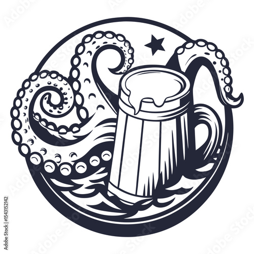 Wooden beer mug with overflowing foam wrapped by octopus tentacles, monochrome vector composition, symmetrical layout combining brewing element with marine motif for branding or label use
