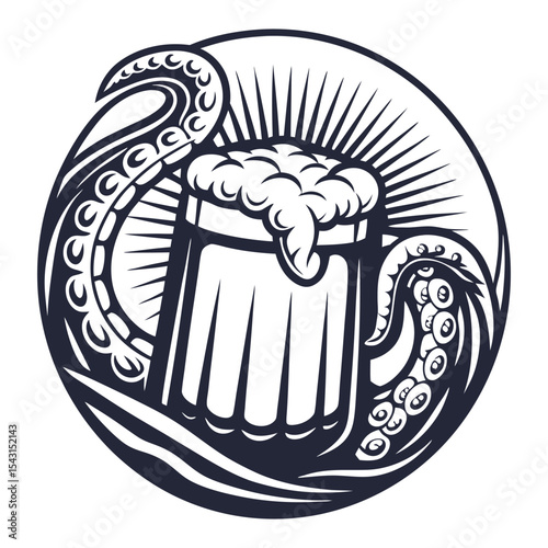 Wooden beer mug with overflowing foam wrapped by octopus tentacles, monochrome vector composition, symmetrical layout combining brewing element with marine motif for branding or label use