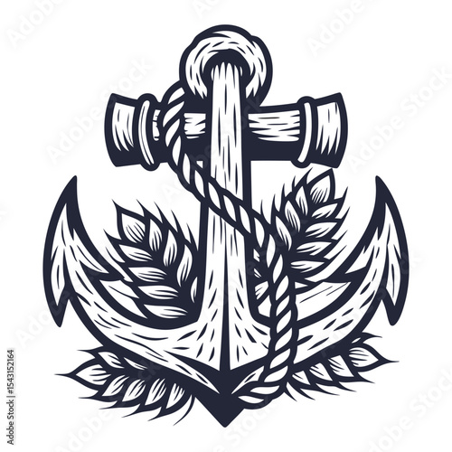 Vintage monochrome anchor with thick rope wrapped around shaft, hop cones positioned near base, symmetrical vector composition suitable for brewery branding or nautical themed graphic application