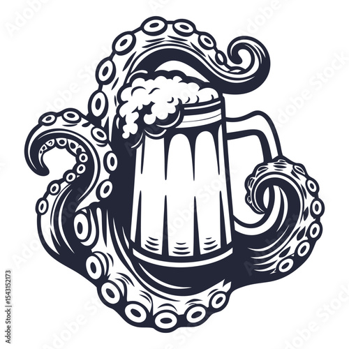 Octopus tentacles wrapped around foamy beer mug, symmetrical monochrome composition, vintage vector style combining marine creature with brewing element for branding or label design
