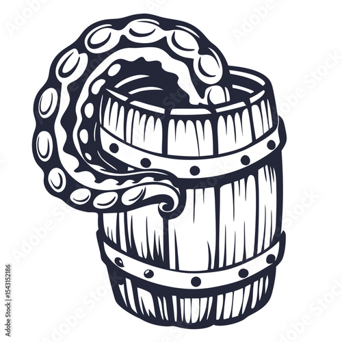 Giant squid tentacle emerging from wooden beer barrel, monochrome vector composition, symmetrical layout combining brewing container with marine element for label or branding use