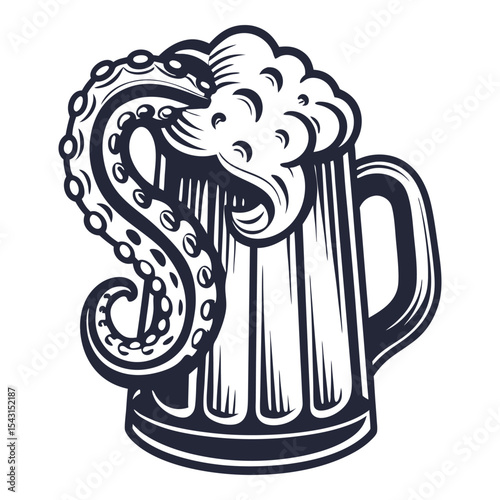 Beer mug wrapped with octopus tentacle, foam overflowing from top, monochrome symmetrical layout, vintage vector style suitable for brewery identity or nautical themed label design