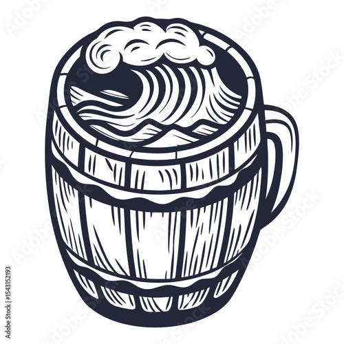 Weathered wooden beer tankard cresting with ocean waves, blending maritime spirit and foamy brew in vintage inspired graphic design element