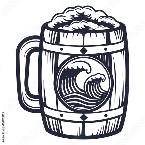 Weathered wooden beer tankard cresting with ocean waves, blending maritime spirit and foamy brew in vintage inspired graphic design element