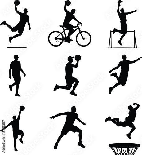 Dunk Shot Basketball Icon Silhouette – Sports Energy Vector Pack Basketball Player Dunking Silhouette Set – High Jump Action Icons