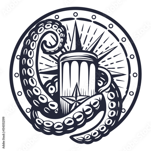 Octopus tentacles wrapped around beer glass, compass star centered above, circular porthole frame enclosing composition, monochrome vector layout for nautical themed brewery branding