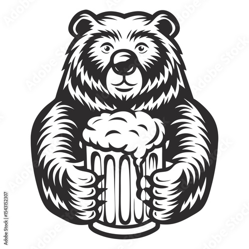 Monochrome illustration of a cheerful brown bear holding a large pint of overflowing beer, embodying the spirit of a brewery or beer garden, ideal for bar, pub, or oktoberfest branding