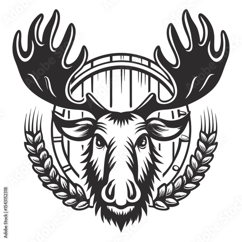 Monochrome vector graphic depicting moose head with expansive antlers, positioned near wooden beer barrel, complemented by wheat stalks, representing craft brewery branding concept
