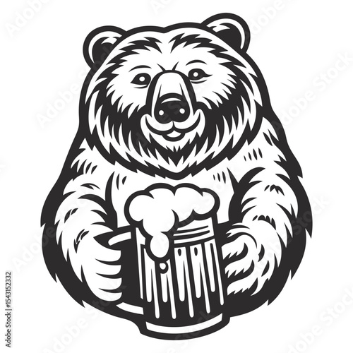 Monochrome illustration of a cheerful brown bear holding a large pint of overflowing beer, embodying the spirit of a brewery or beer garden, ideal for bar, pub, or oktoberfest branding