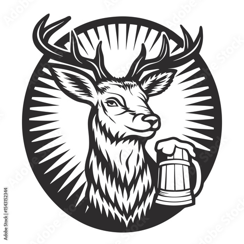 Retro deer graphic gripping foaming beer tankard, radiating circular design highlighting rustic brewery or pub visual branding concept