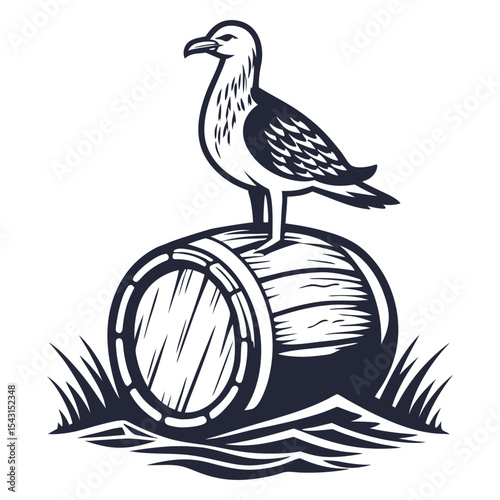 Monochromatic vector illustration depicting a seagull perched on a wooden beer barrel resting on sandy shores, capturing the essence of a nautical brewing theme with vintage flair