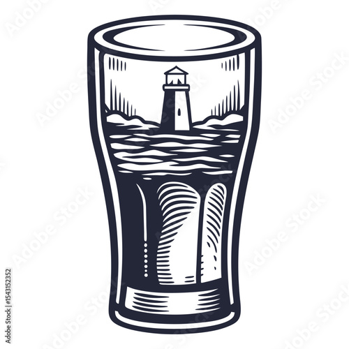 Pint of dark beer showcasing a lighthouse and ocean scene reflected in the glass, creating a nautical themed beverage perfect for brewery and coastal pub designs