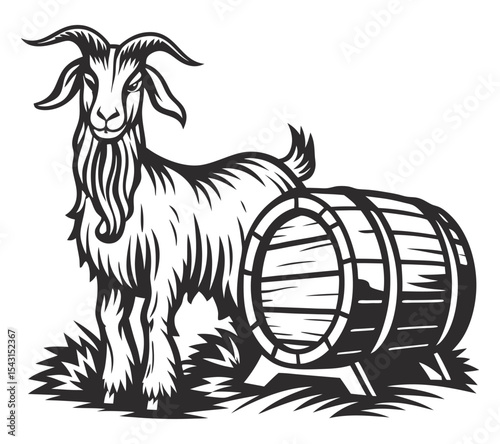 Monochrome vector graphic depicting goat standing beside wooden beer barrel, highlighting artisanal brewing process on rustic farm setting