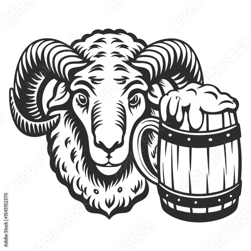 Vintage style monochrome vector graphic depicting ram head with curved horns near foaming beer mug, representing traditional brewery branding and pub emblem design
