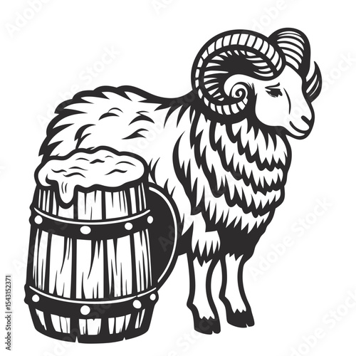 Vintage style monochrome vector graphic depicting ram head with curved horns near foaming beer mug, representing traditional brewery branding and pub emblem design