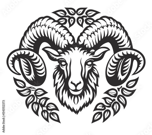 Monochrome vector ram head featuring curving horns and hops, creating dynamic brewery branding with bold animal inspired graphic elements