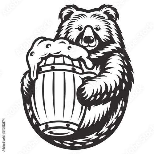Monochrome vector illustration of a friendly brown bear embracing a frothy overflowing wooden beer mug, conveying a jovial atmosphere of celebration and enjoyment