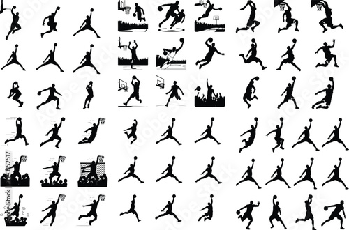 Dunk Shot Basketball Icon Silhouette – Sports Energy Vector Pack Basketball Player Dunking Silhouette Set – High Jump Action Icons