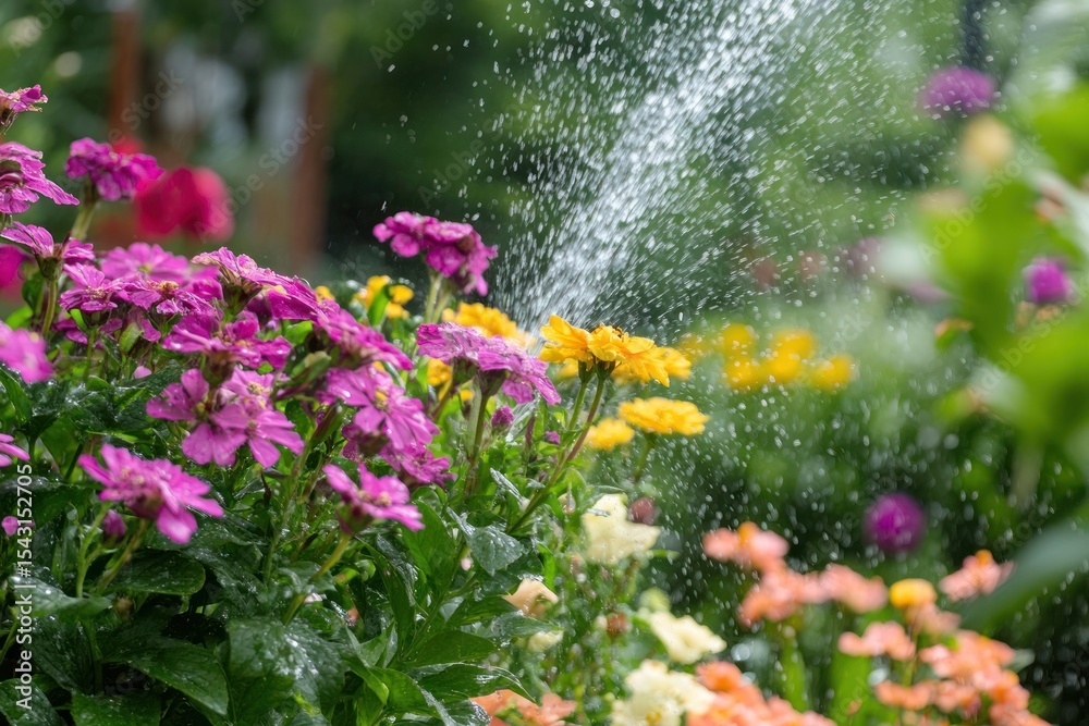 Obraz premium Lush garden flowers being refreshed by sprinkler on a summer day