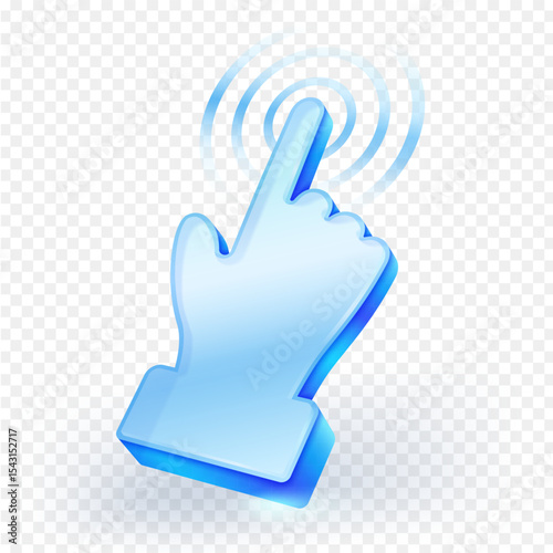 3D icon glowing blue hand cursor with an extended index finger, depicting click or tap action with ripple effects. Ideal for user interface, interaction, technology and digital design projects.