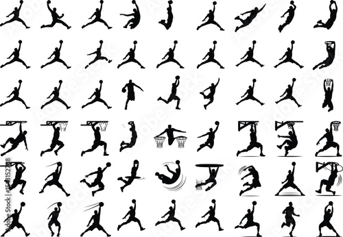 Dunk Shot Basketball Icon Silhouette – Sports Energy Vector Pack Basketball Player Dunking Silhouette Set – High Jump Action Icons