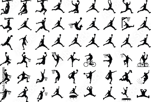 Dunk Shot Basketball Icon Silhouette – Sports Energy Vector Pack Basketball Player Dunking Silhouette Set – High Jump Action Icons