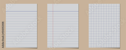 Three blank notebook sheets lined paper ruled paper and graph paper