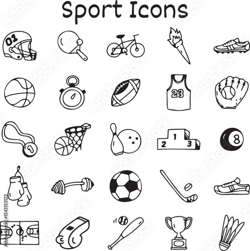  Sports Icon Set, Fitness, Cycling, Football, Tennis, Gym Equipment, Vector Illustration