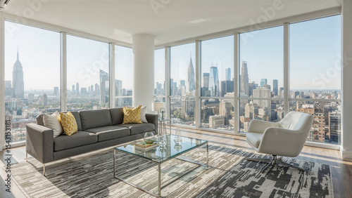 Luxurious living room interior with stunning city view