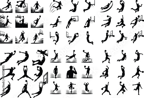 Dunk Shot Basketball Icon Silhouette – Sports Energy Vector Pack Basketball Player Dunking Silhouette Set – High Jump Action Icons