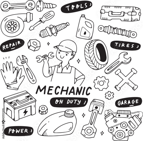 Mechanic Doodle, Tools, Workshop, Gears, Wrench, Car Repair, Engineering Sketch, Vector