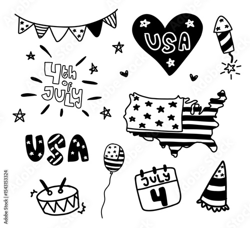 Cute set hand drawn happy 4th of july united states of America national independence day flag doodle black white pattern patriotic theme elements illustration clipart collection