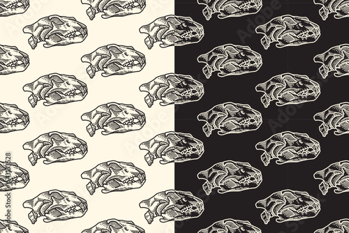 Tiger predator head skull side view line art engraving seamless pattern on black white background. Saber skull bone hatching doodle pattern background for wildlife packaging and merchandise