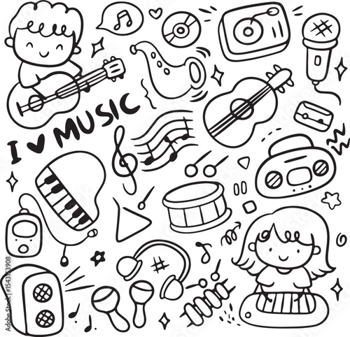  Music Doodle Set, Instruments, Notes, Microphone, Headphones, Musical Elements, Vector