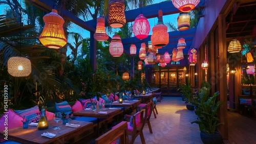 Vibrant outdoor dining area adorned with colorful lanterns, surrounded by tropical plants at dusk
