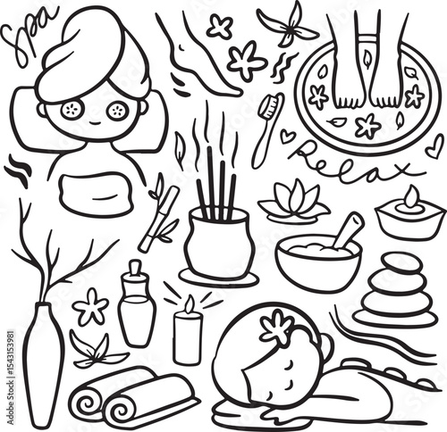 Spa and Relaxation Doodle, Skincare, Massage, Wellness Elements, Candles, Vector Illustration