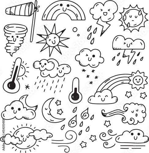Weather Doodle Set, Sun, Rain, Clouds, Storm, Lightning, Thermometer, Forecast Icons, Vector
