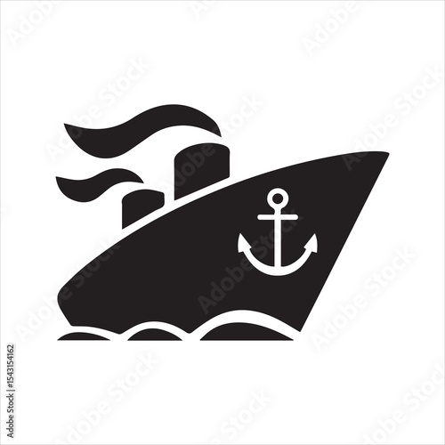 Cargo Ship Icon Silhouette with Anchor and Smoke Stack Vector Illustration