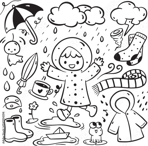  rainy day doodle vector, umbrella girl sketch, weather illustration, black and white drawing, cartoon storm, cloud elements