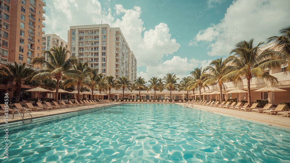 Fototapeta premium Hotel Swimming Pool Surrounded By Palm Trees And Resort Buildings