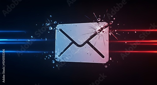 Email icon appears shattered in this high contrast digital rendering that signifies communication failure and system errors.