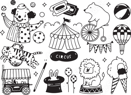 Circus Theme Doodle, Hand Drawn, Clown, Tent, Popcorn, Festival, Entertainment, Vector